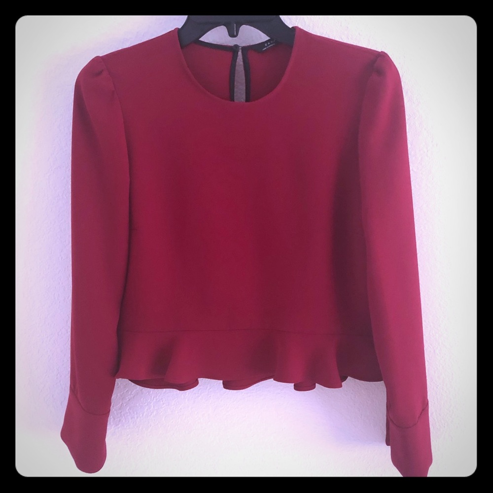 Zara ruffled top in deep red